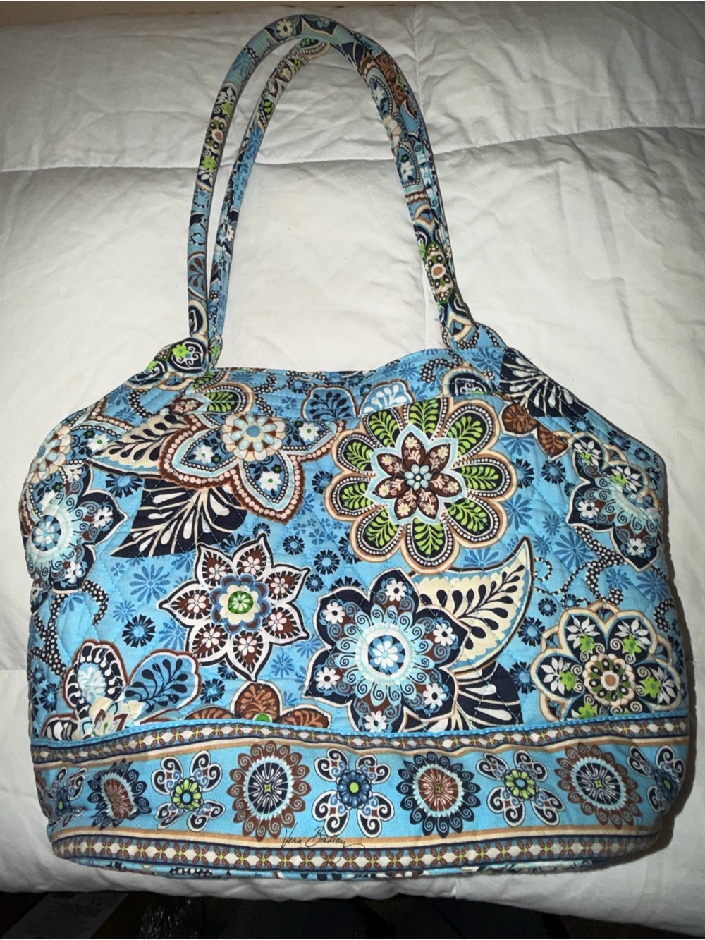 Vera Bradley Blue Floral Quilted Tote with Green & Brown Accents